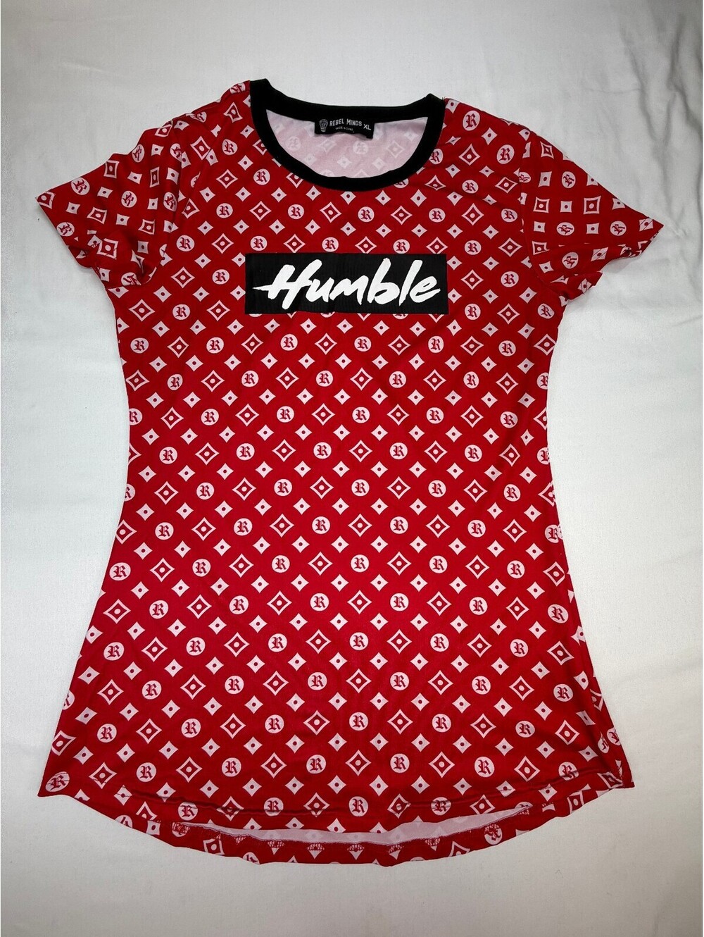 Rebel Minds Women's Tee Crew Neck All Over Print Monogram Humble Size XL Red